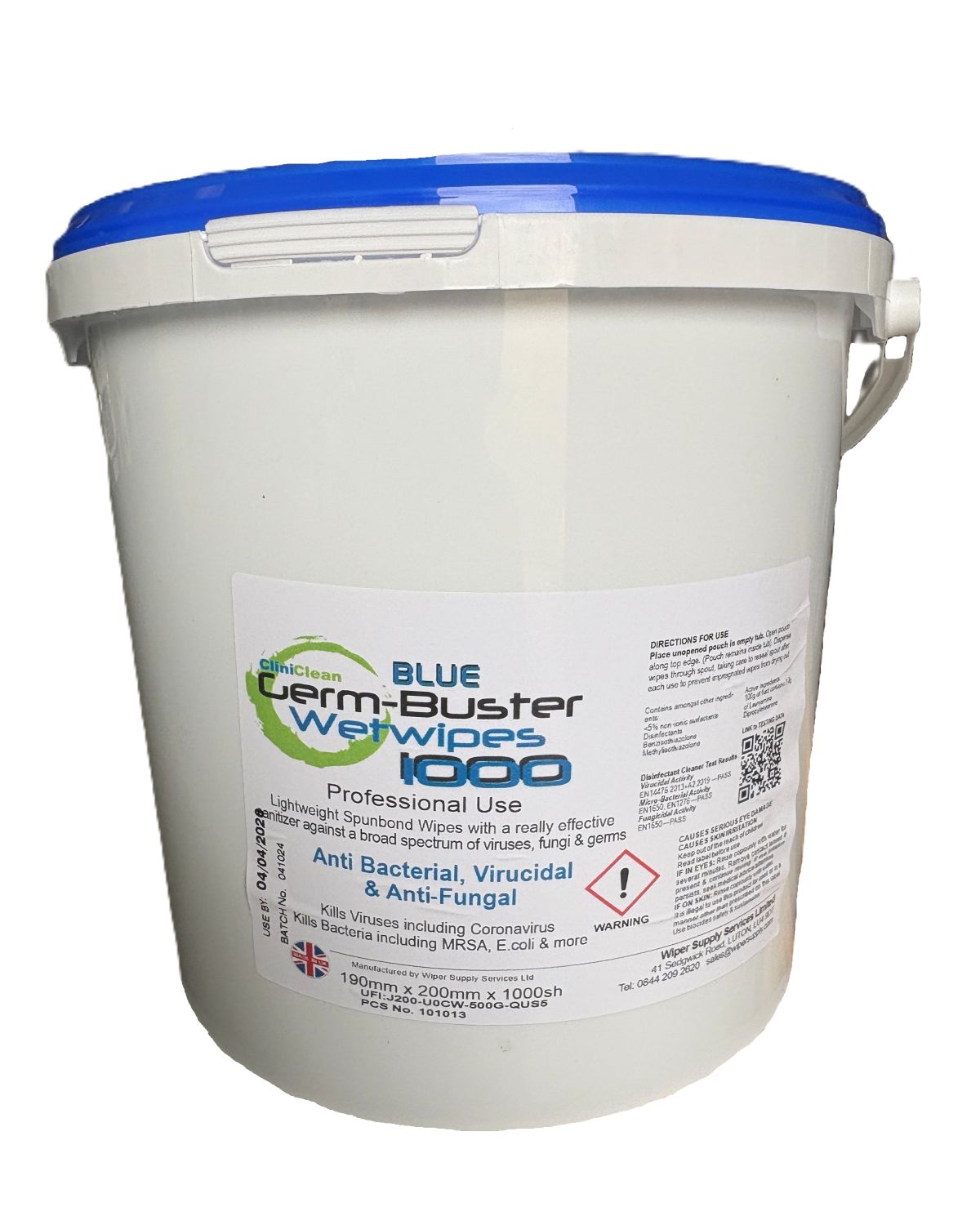 Germ Buster Wet Wipes, 1000 per tub. Anti Bacterial, Virucidal, Anti Fungal. Kills bacteria including MRSA, E Coli and also coronavirus virus. Supplied by Milne Chemicals in the East of England.