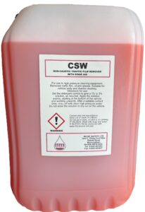Used for high pressured cleaning equipment. It removes traffic film, oil and grease.