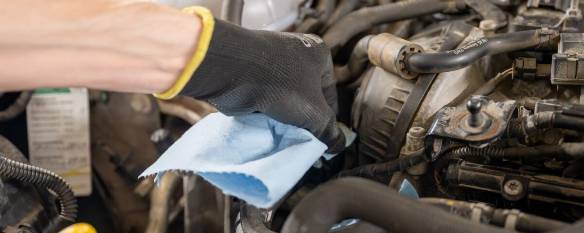 A mechanic wearing a black glove uses a blue cloth to clean engine components in a vehicle.